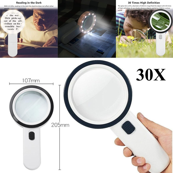 30X Illuminated Large Magnifier Handheld 12 LED Lighted Magnifying Glass  for Seniors Reading Soldering Inspection Coins Jewelry Exploring