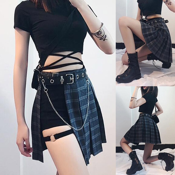 Plaid gothic asymmetric outlet mini skirt and belt