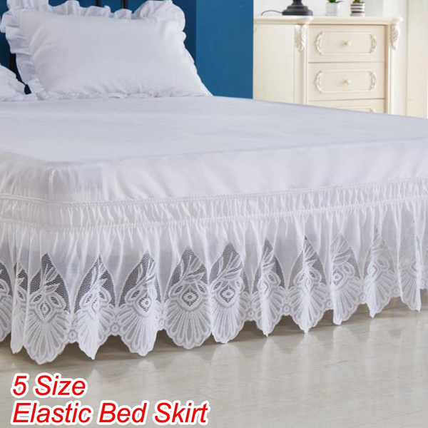 Princess Style Solid Color Elastic 3 Sided Ruffled Lace Wrapped Bed Skirt With 15 Inches Drop For Twin Full Queen King California Size White Beige 2 Colors Wish Sided Ruffled Lace Wrapped Bed Skirt, California King Bed Skirt Measurements