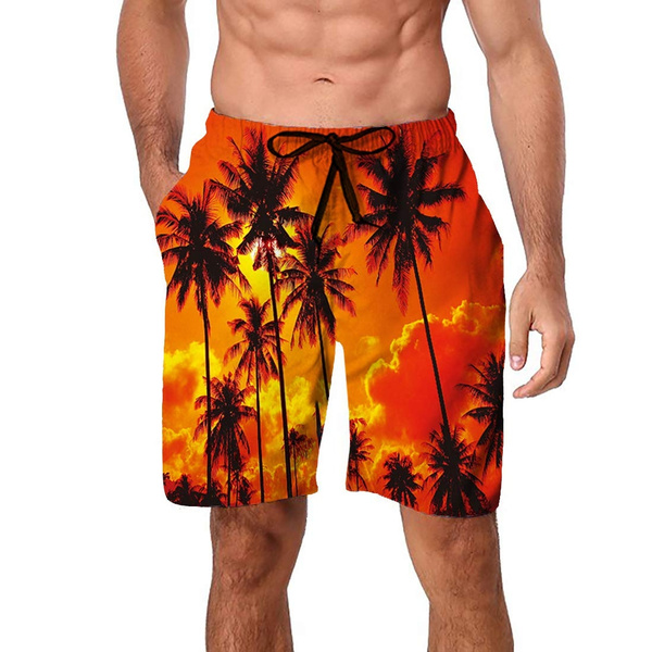 Freshhoodies Mens Hawaiian Swim Trunks Coconut Palm Tree Beach Board Shorts with Mesh Lining Swimwear Bathing Suits