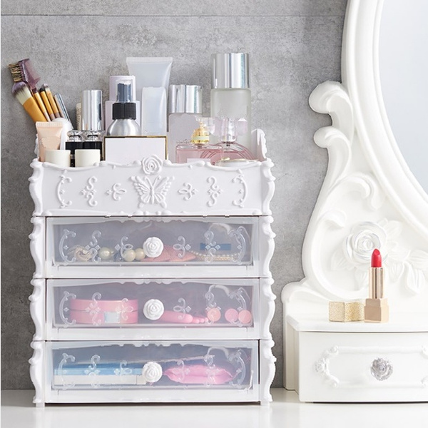 Pink And White Plastic Cosmetic Drawer Container Makeup Organizer Box For Storage Make Up Jewelry Nail Holder Home Desktop Sundry Case Wish