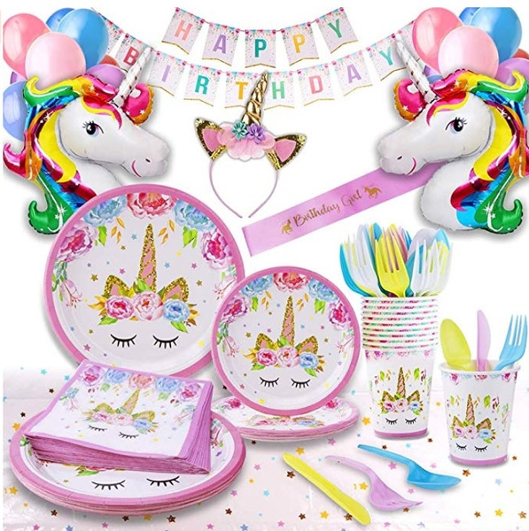 Unicorn Party Supplies - Bonus Unicorn Headband Birthday Sash and Balloons-  Serves 16 Guests - Unicorn Birthday Decorations for Girls with Disposable  Tableware Cutlery Party Pack