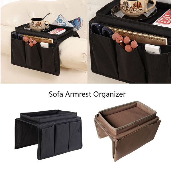 Brown 4 Pockets Sofa Armrest Tray TV Remote Control Organizer Armchair Couch Bag with Cup Holder Tray for Magazine Phone,Pad Tablet