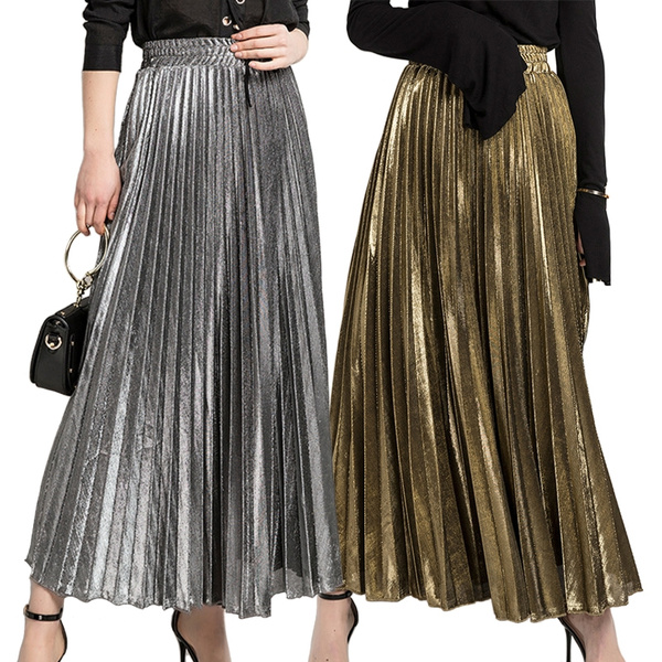 Women's Pleated Skirt Metallic Shiny Shimmer Accordion Pleated