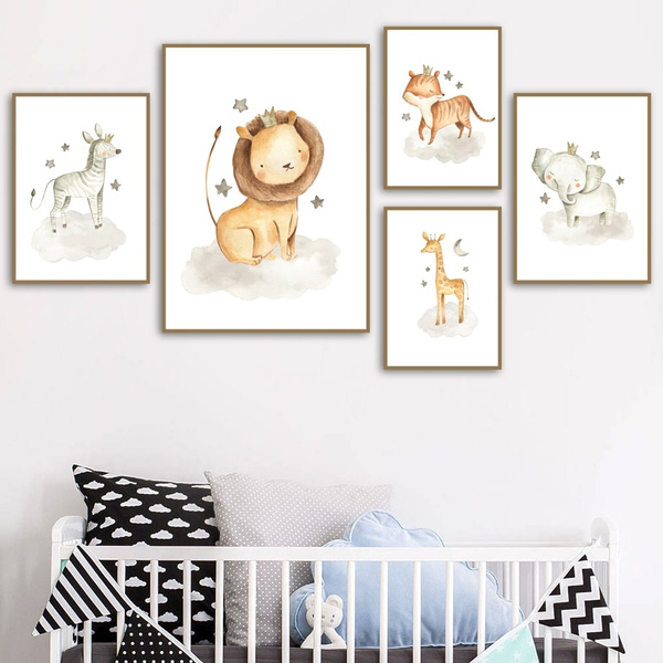 Cartoon Animal Giraffe Tiger Canvas Art Poster Nursery Picture Baby Room Decor 