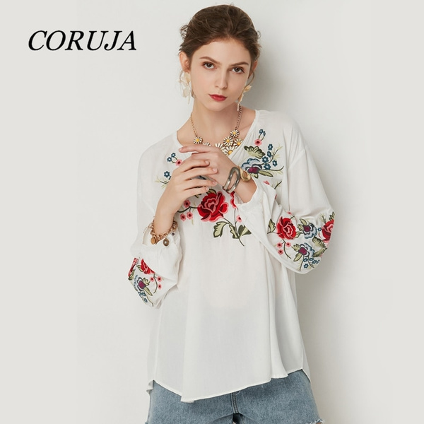 Women's Fashion Flower Embroidery Blouses High Quality Soft Fabric V ...