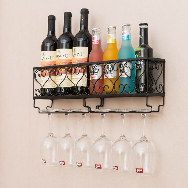 Metal Wall Mount Wine Rack Bottle Champagne Glass Holder Storage Bar Wish - Wall Mounted Wine Rack With Glass Holder Storage Shelf
