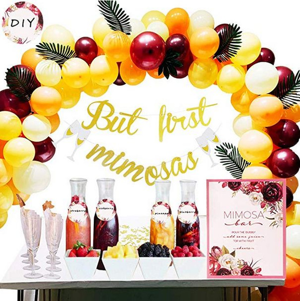 Mimosa Bar Party Decoaration Kit with But First Mimosa Banner,Floral Mimosa  Bar Sign,Juice Label Tags with Strings,Paper Confetti,10''Latex Balloons  for Your Birdal Shower,Bachelorette,Engagement,Coral Birthday Decorations
