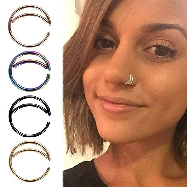 Steel Gold Opal Double Nose Hoop | Hot Topic