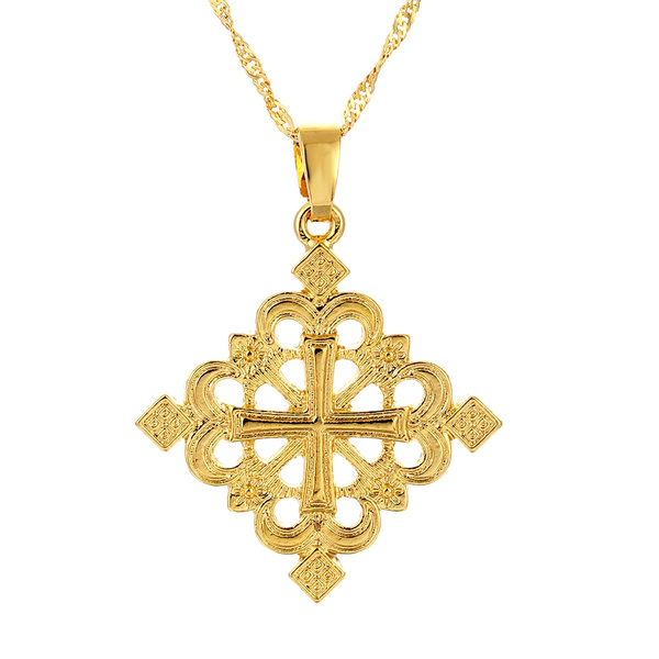 AP148 - Ethiopian Cross Pendant Brass Inlay Antique Gold Plated - AP14