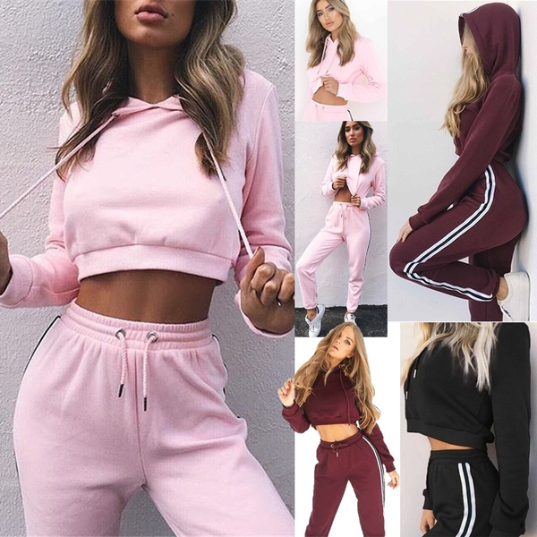 Women Sportswear Cropped Hoodies Long Pants 2 Pieces Crop Top Set Sportsuit Women Casual Tracksuit Sporting Suit