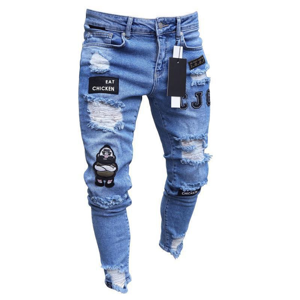 WoJogom Men Jeans Black And Gray Matching Pants Long Stretch Knee Hole Jeans  : Amazon.co.uk: Fashion