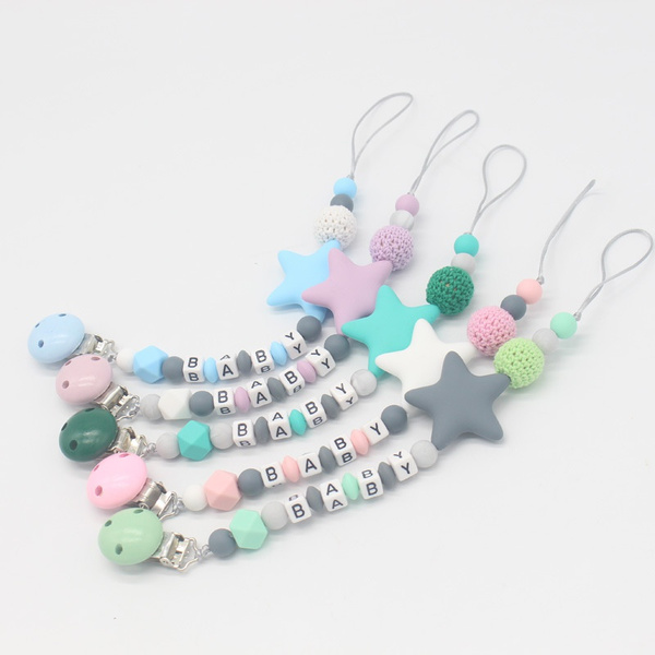 Personalised Baby Name Silicone Beads Pacifier Clips Chain Holder Teething Toys 