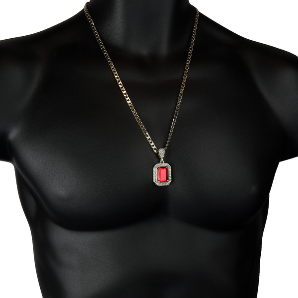 Men's HIP HOP ICED OUT MINI GANG RED RUBY PENDANT W/ Cz 24" CUBAN CHAIN NECKLACE 