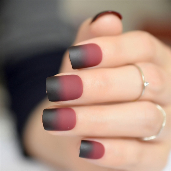 Gradient Frosted Fake Nail Artificial Nails Black Red Wine Matte Nail Tips For Acrylic Nails Square Tip Kit With Glue Sticker Wish