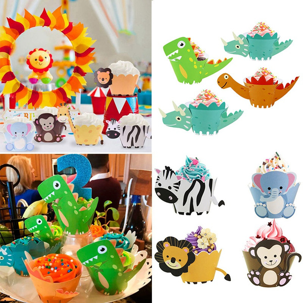 12pcs Birthday Cake Wrapper Toppers Animals Cupcake Dinosaur Kids Party Decor