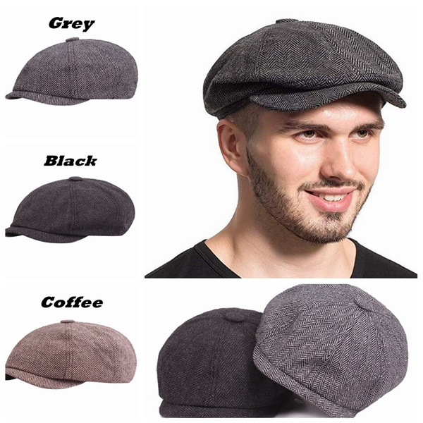 Black Grey Herringbone Newsboy Baker Boy Tweed Flat Cap Mens Gatsby Hat