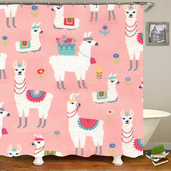 Cute Llama Pink Print Shower Curtain, Llama Shower Curtain Hooks