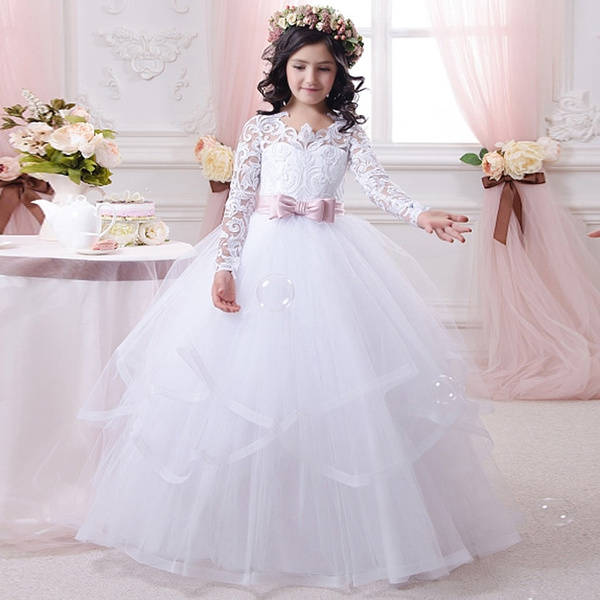 Girls Dress Long Sleeve White Ball Gown Wedding Party Pageant