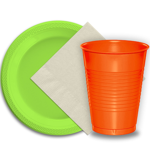 50 Lime Green Plastic Plates (9), 50 Orange Plastic Cups (12 oz