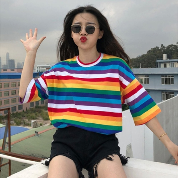 Rainbow Striped T-Shirts Woman Causal 