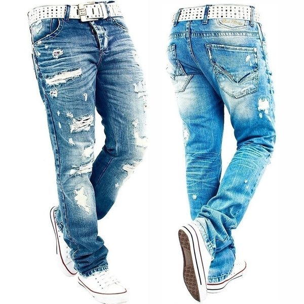 Fashion Men Jeans Biker Rippped Holes Destroyed Denim Biker Pants Plus ...