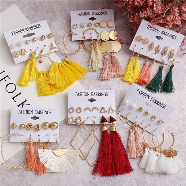 6 Pairs/Set Fashion Long Tassel Stud Earrings Set for Women Girl Bohemian  Geometric Earring Christmas Brincos Female Jewelry