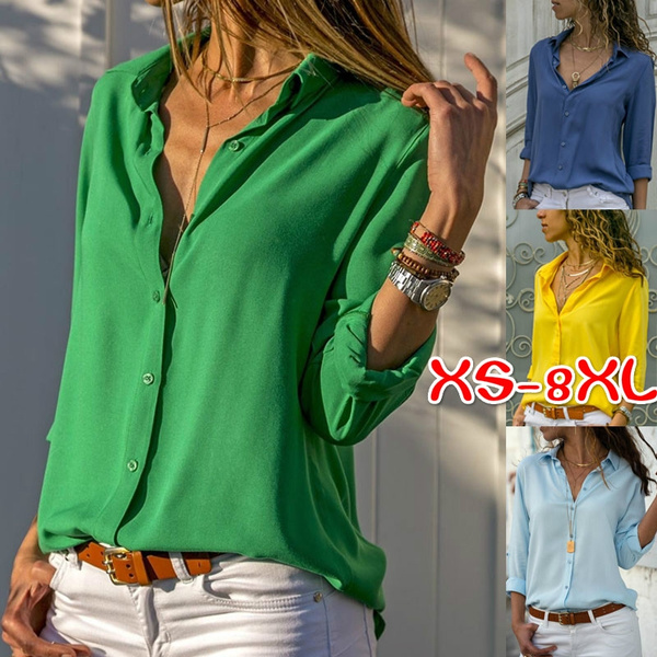 XS-8XL Plus Size Fashion Tops Spring Summer Clothes Womens Casual Loose  Long Sleeve Shirts Solid Color Deep V-neck Shirts Ladies Button Up Chiffon  Blouses