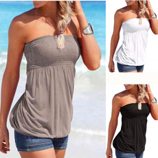 Women Strapless Ruched Tube Top Shirt Backless Stretchy Tunic Shirt for Women