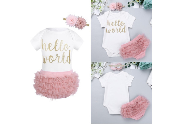 Bloomers Headband Newborn Baby Girls 1st Birthday Romper HELLO WORLD Outfit