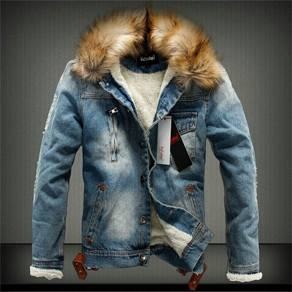 New Fur Collar Men Casual Denim Jacket 