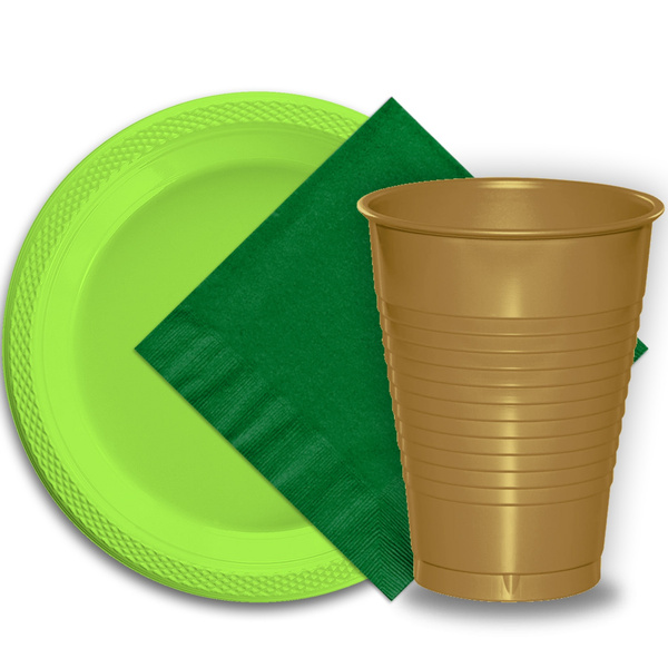 50 Lime Green Plastic Plates (9), 50 Gold Plastic Cups (12 oz