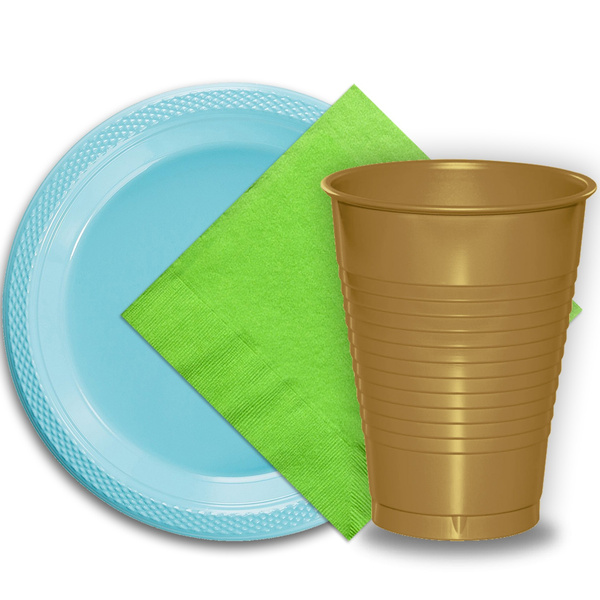 50 Lime Green Plastic Plates (9), 50 Gold Plastic Cups (12 oz