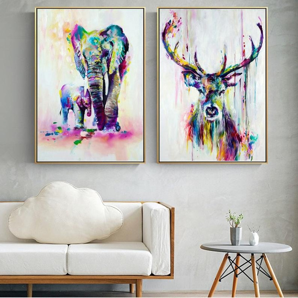 1PC Deer or Elephant Family Watercolor Canvas Painting Art Print Poster