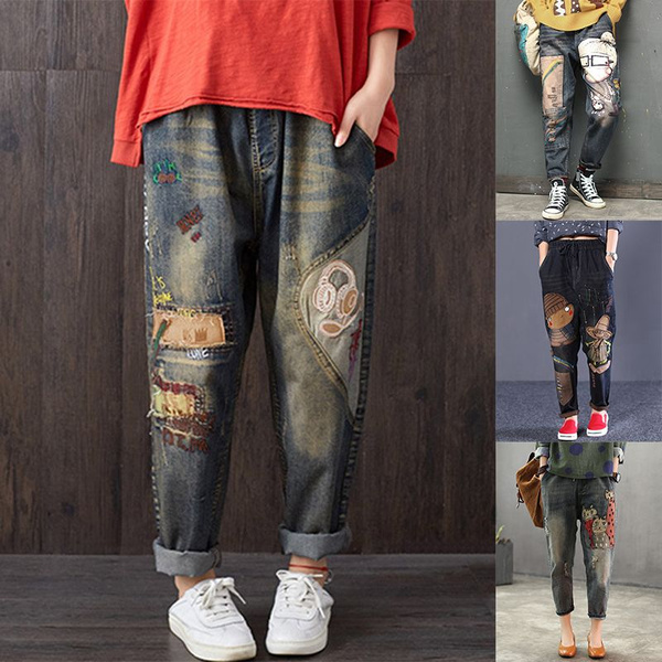 New Women Fashion Vintage Loose Jeans Casual Retro Cartoon Print Hole Denim  Pants Washed Jeans | Wish