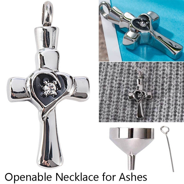 Titanium Steel Cross Diamond Openable Urn Necklace For Ashes Funeral ...