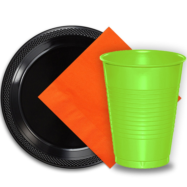 50 Lime Green Plastic Plates (9), 50 Orange Plastic Cups (12 oz