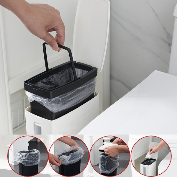 6L Narrow Trash Can Set with Toilet Brush Plastic Bathroom Waste Bin Trash Can 