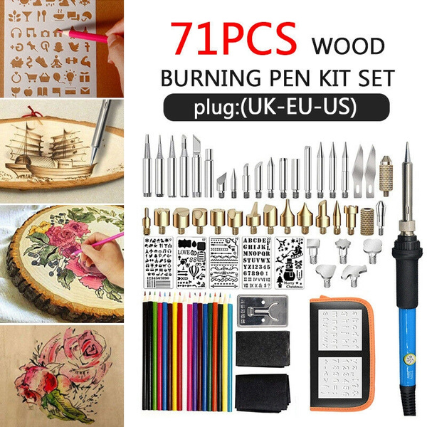 60W Wood Burning Pen Set Stencil Soldering Iron Tips Tools Pyrography Craft  Kit