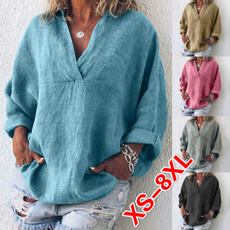 XS-8XL Women's Fashion Spring Summer Tunic Tops Plus Size Deep V-neck T Shirts Ladies Long Sleeve Pullover Loose Linen Blouses