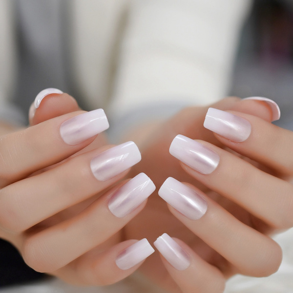 Pearl Shine Glossy Fake Nails Shimmer White Square French Nail Ombre Faux Ongles Gradient Medium Fingernails with Gluetabs | Wish Pearl Shine Glossy Fake Nails Shimmer White Square French Nail Ombre Faux Ongles Gradient Medium Fingernails with Gluetabs | Wish