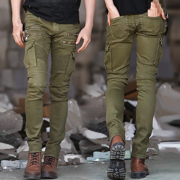 US XS-L Military Style Skinny Boot Cut Jeans Men Cargo Denim Biker Jeans Trousers For Men Army Green Black Side Pocket |