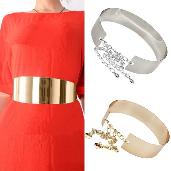New Women Metal Waist Wide Belt Gold 
