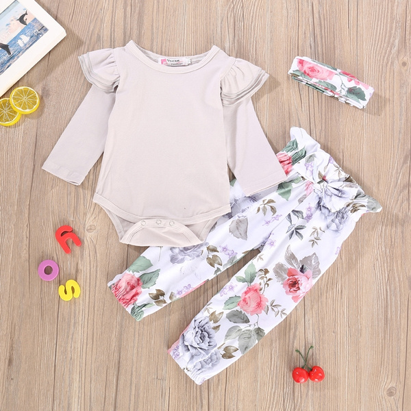 3pcs Infant Kids Baby Girl Floral Clothes Jumpsuit Romper Bodysuit Pants Outfits