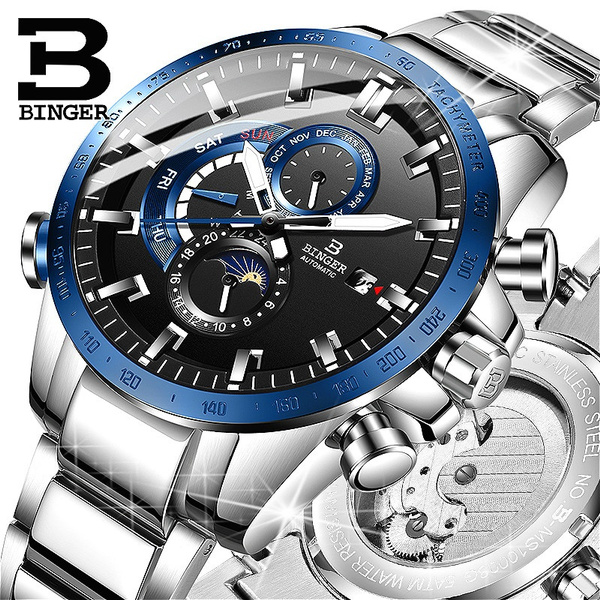 BINGER Men Automatic Mechanical Luminous Sport Moon Phase Water Resistant Watch Montre Uhr with Gift Box