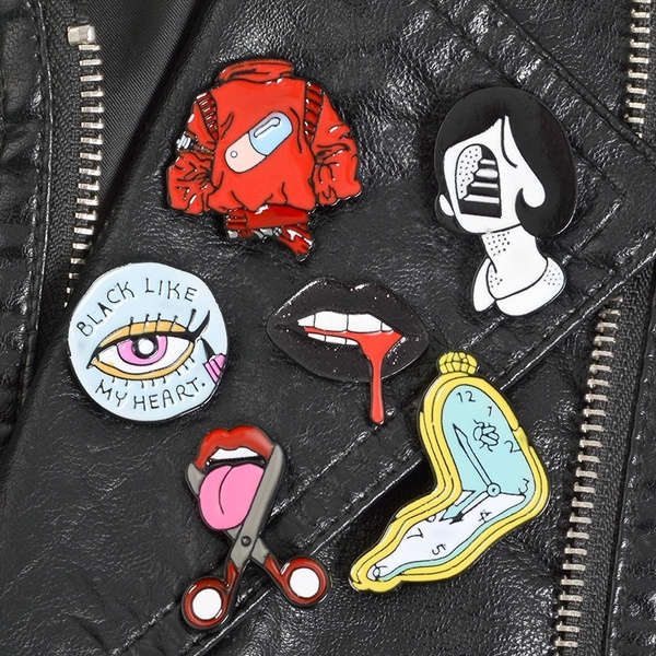 Vintage Punk Badge Red Jacket Coat Women Sexy Lips Blood Black Heart Lapel  Pin Personality Gift for Women