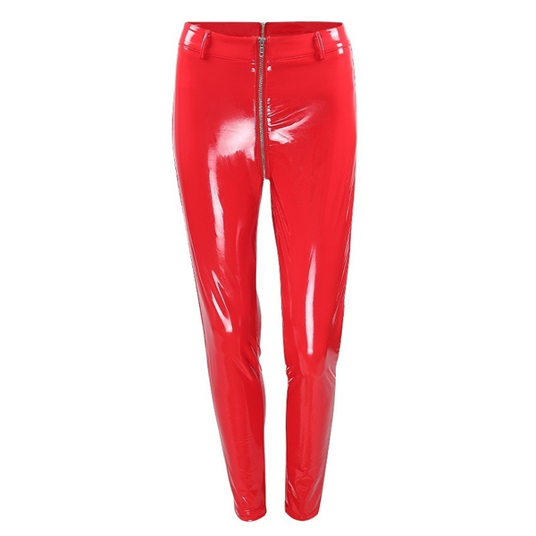 PU Look Leggings Not Pants Not Latex Rubber Fell Women Black&Red Shiny Leather 