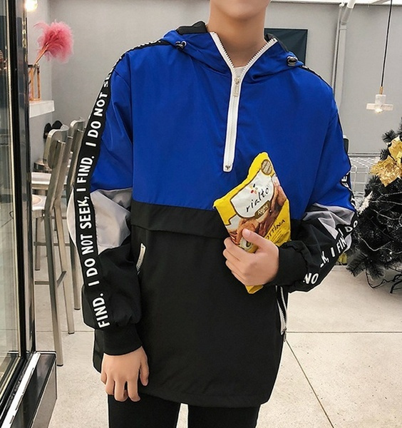 Men S Spring Colorblock Hooded Pullover Sweater Loose Waterproof Lightweight Windbreaker Jacket Wish