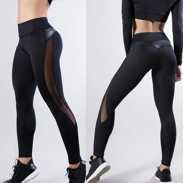 Melory Yoga Pants Mid-Waist Black White Mesh Patchwork Workout Running Sports Stretch Leggings