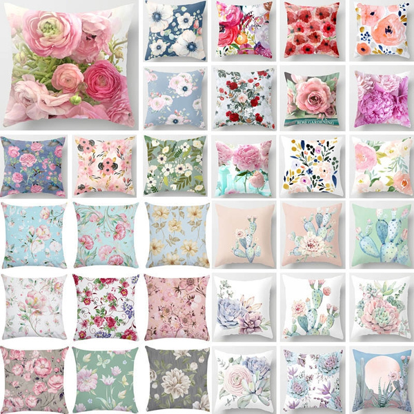 Maybay 18x18 Cactus Floral Decorative Pillow Cover – Pink White Green, Peach Skin Velvet, Zipper